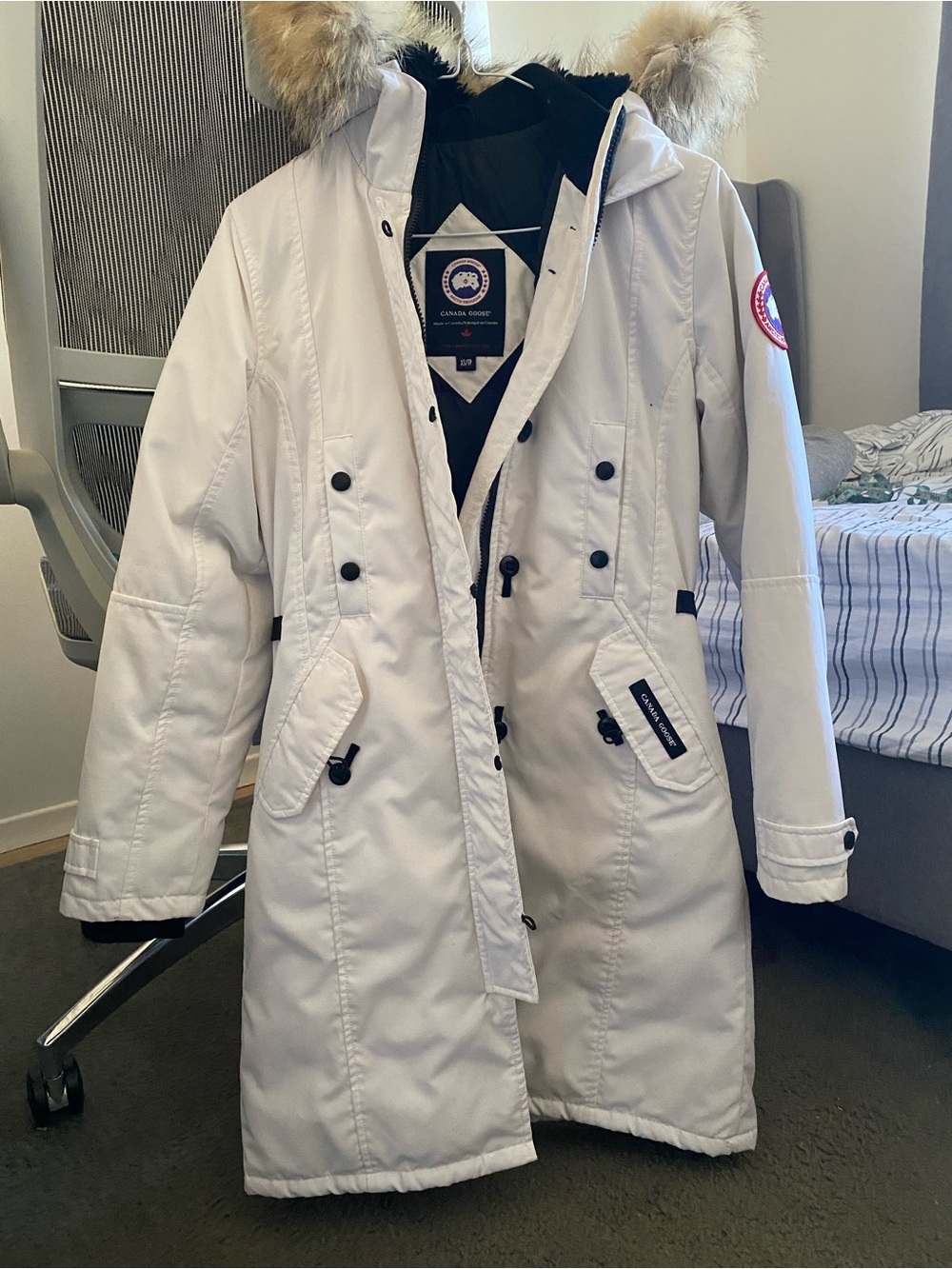 Canada Goose White Women’s Long Parka with Fur-Trim Hood
